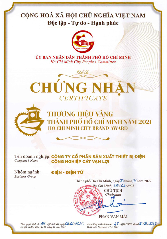 Cát Vạn Lợi đạt chứng nhận Thương hiệu vàng TP.HCM năm 2021