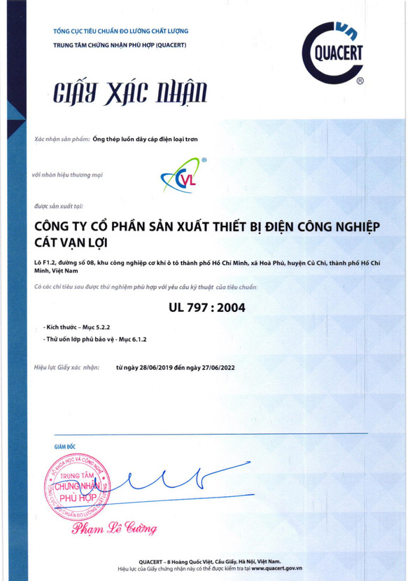 Ống thép luồn dây điện EMT - CVL đạt chứng nhận hợp chuẩn UL 797